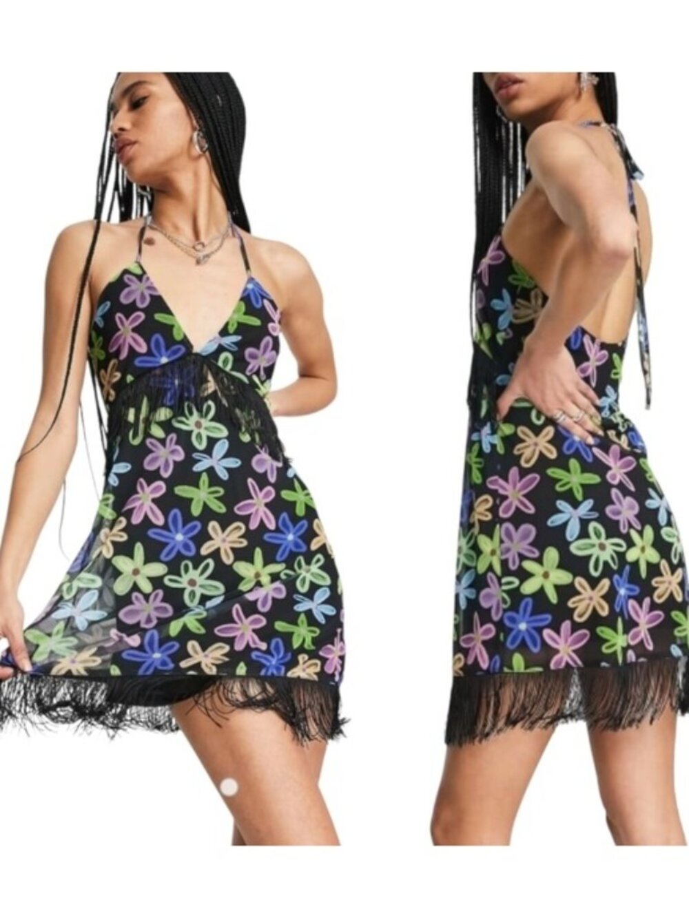 ASOS Floral Mini Dress Size 2 Multicolor Halter Neck Fringe Hem